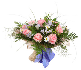 Floral composition, bouquet of white daisies and pink roses. Flo