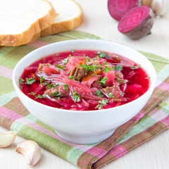 Traditional Russian borsch soup with beef, and beet