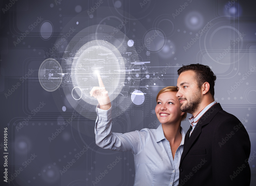 Poster happy couple touching abstract high technology circular buttons