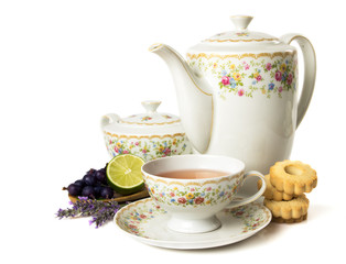 Time for tea, tea set isolated on white background