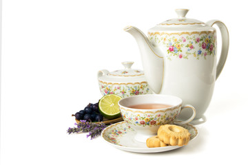 Time for tea, tea set isolated on white background