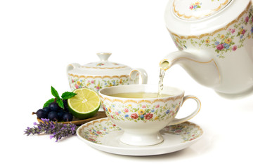 Time for tea, tea set isolated on white background