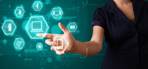 Girl pressing virtual media type of buttons