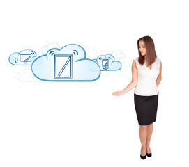 young woman presenting modern devices in clouds