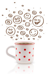 Coffee-cup with brown hand drawn happy smiley faces