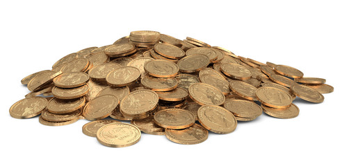 Golden dollars coins isolated on white