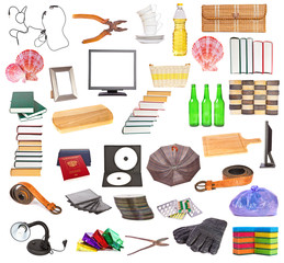Set of different household objects on a white background
