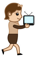 Girl Running with TV - Vector Illustration