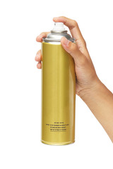 Hand holding a spray can isolated over white background