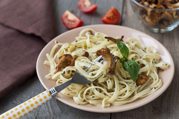 Prepared tagliatelle with fried mushrooms (chanterelles)