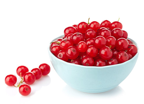 Bowl of fresh red currants on white background
