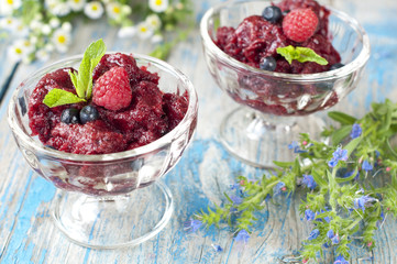 fresh raspberry granita and mint (blueberry, berries).