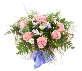 Floral composition, bouquet of white daisies and pink roses. Flo