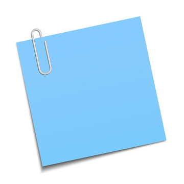 Blue sticky note clipped with a paperclip