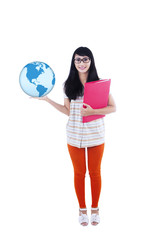 College student holding globe and folder