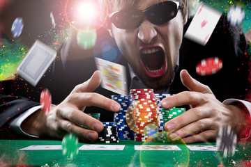 Poker player with colored powder background