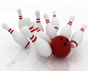 3d render of bowling ball crashing into the pins on white