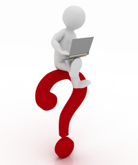 man with a laptop is sitting on a glossy red question mark.