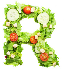 R letter made with salad isolated on white