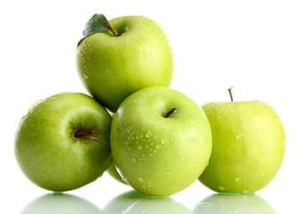 Ripe green apples with leaves  isolated on white