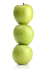 Ripe green apples with leaves  isolated on white