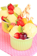 Delicious  ice cream with fruits and berries in bowl close up