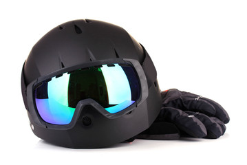 Winter sport glasses, helmet and gloves, isolated on white