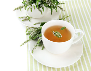 Cup of herbal tea with fresh mint flowers isolated on white