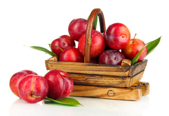 Ripe plums in basket isolated on white