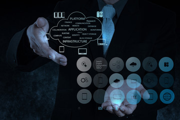 Businessman working with a Cloud Computing diagram on the new co