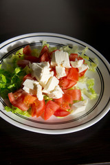 Vegetable salad with cheese on dark wooden table