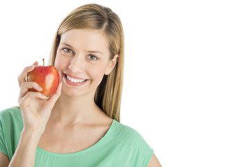 Happy Woman Holding Fresh Apple