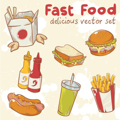 Fastfood vector set with burger, hot dog and french fries © Yuzach