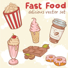 Fastfood vector set withice cream, Popcorn and chocolate