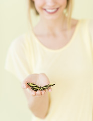 Close-Up Of Young Woman Holding Butterfly In Palm