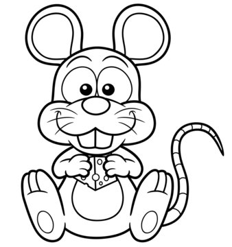 Vector illustration of cartoon rat with cheese - Coloring book