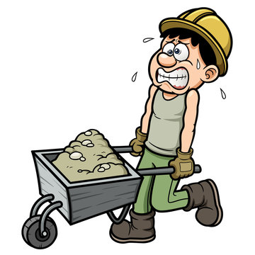 Vector Illustration Of Cartoon Worker With Wheelbarrow