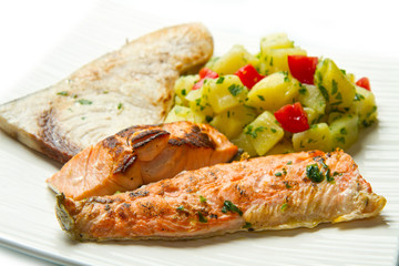 salmon and grilled swordfish with potatoes