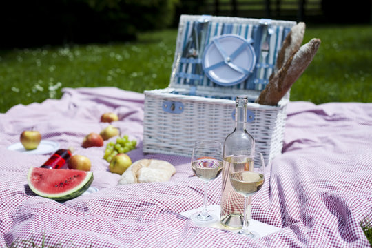 Wine and picnic basket on the grass 