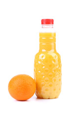 Orange and juice in bottle.
