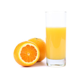 orange juice and slice isolated on white