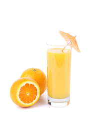 orange juice and slice isolated on white