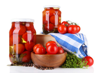 Tasty canned and fresh tomatoes, isolated on white