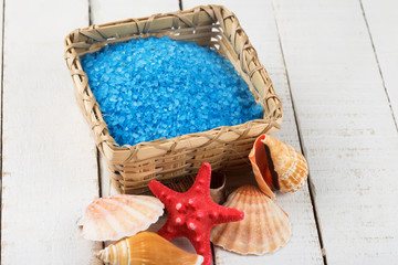 Sea salt in bowl  wooden background