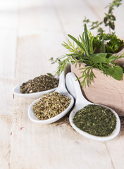 Fresh herbs in a small wooden bowl