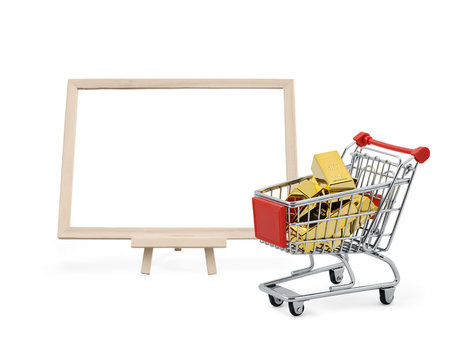 Gold Bar In Shopping Cart With Blank Board