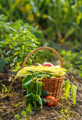 A harvest of season vegetables in a wicker basket © DIA