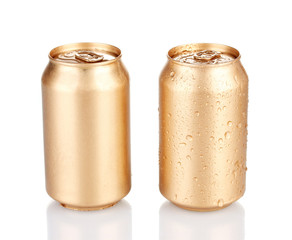 Aluminum cans with water drops isolated on white