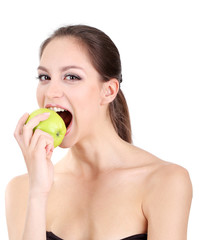 woman with apple isolated on white