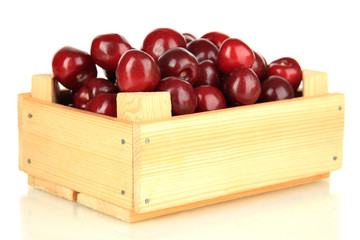 Cherry berries in wooden box isolated on white
